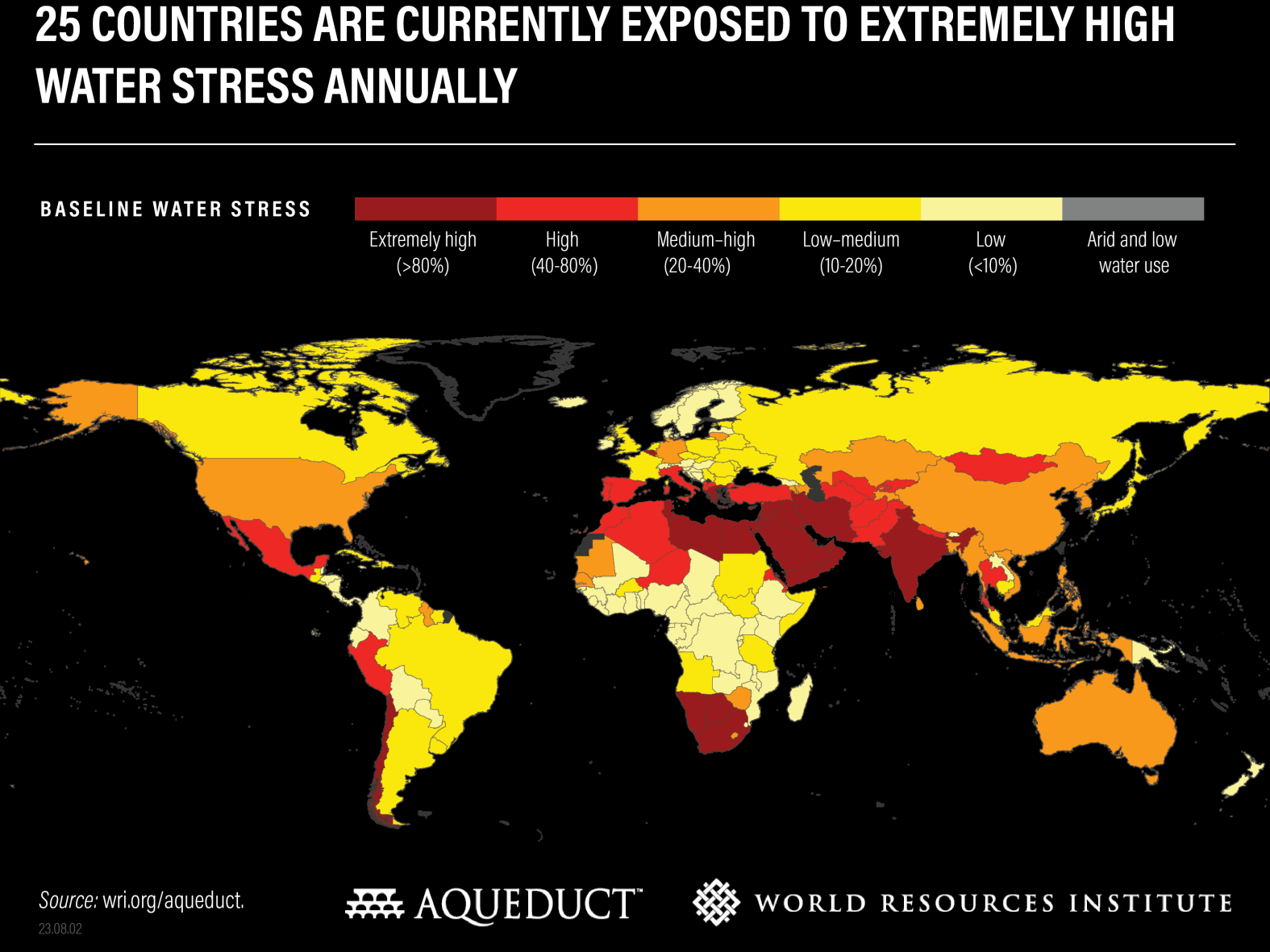 Les 25 pays les plus touchés par le stress hydrique. Copyright : Institut des ressources en eau