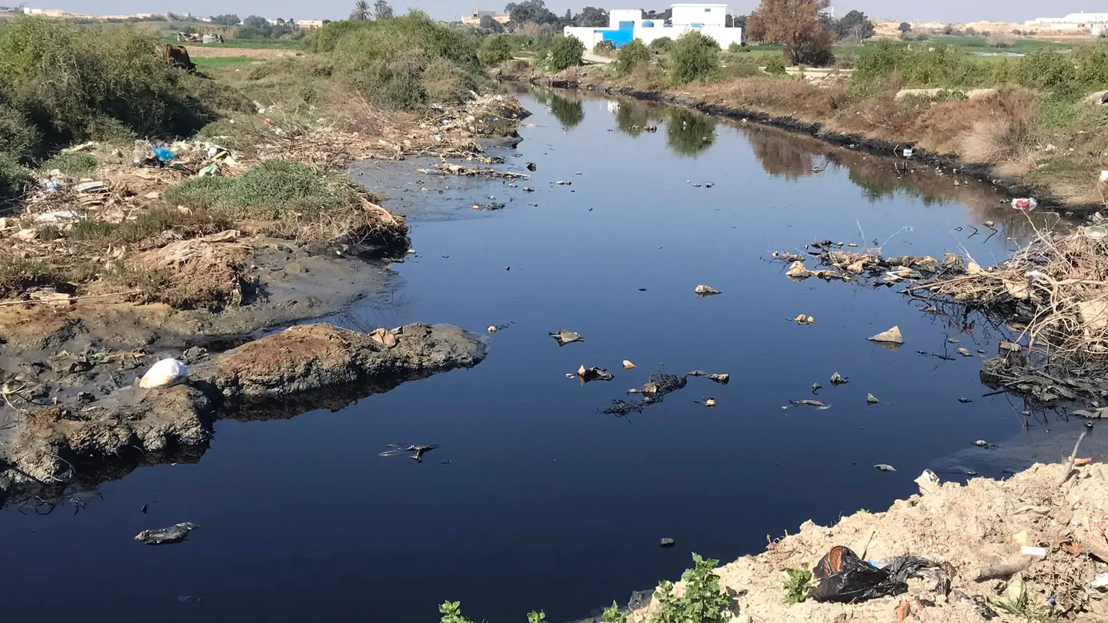 Photo d'une rivière polluée à Menzel Temim appelée Oued El Amoud Crédit : Aymen Hmem