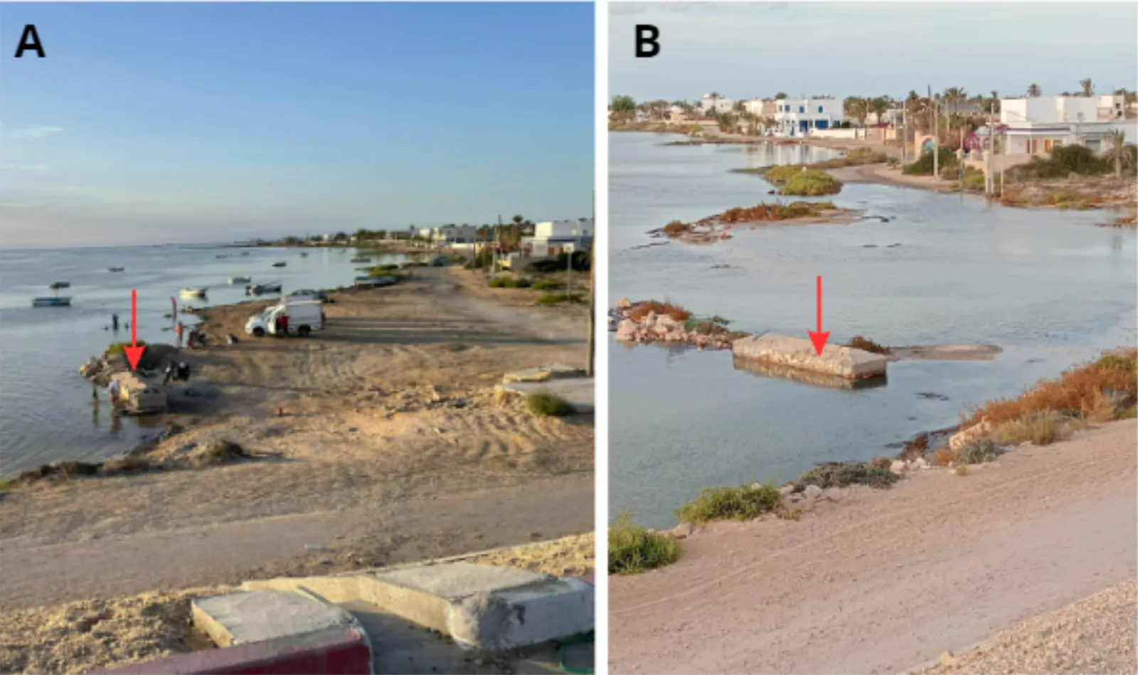 Photos prises par le pêcheur Kays Ezzeddine de Kerkennah montrant la marée haute le long de la côte de Kerkennah, octobre 2023.