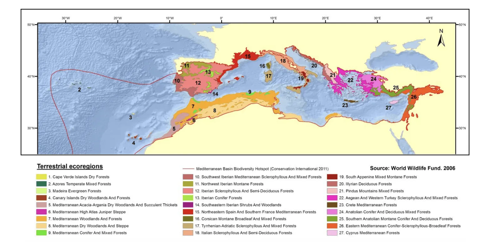 Ecorégions terrestres du bassin méditerranéen (WWF, 2006 ; cité dans le CEPF)11