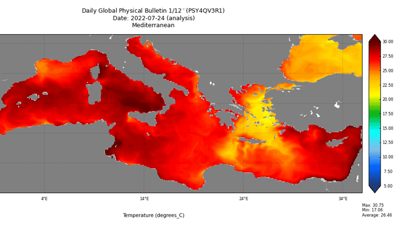 Des températures de surface exceptionnelles, comprises entre 28 et 30°C, peuvent être observées à travers la grille numérique Mercator Ocean International. Copyright : Mercato océan
