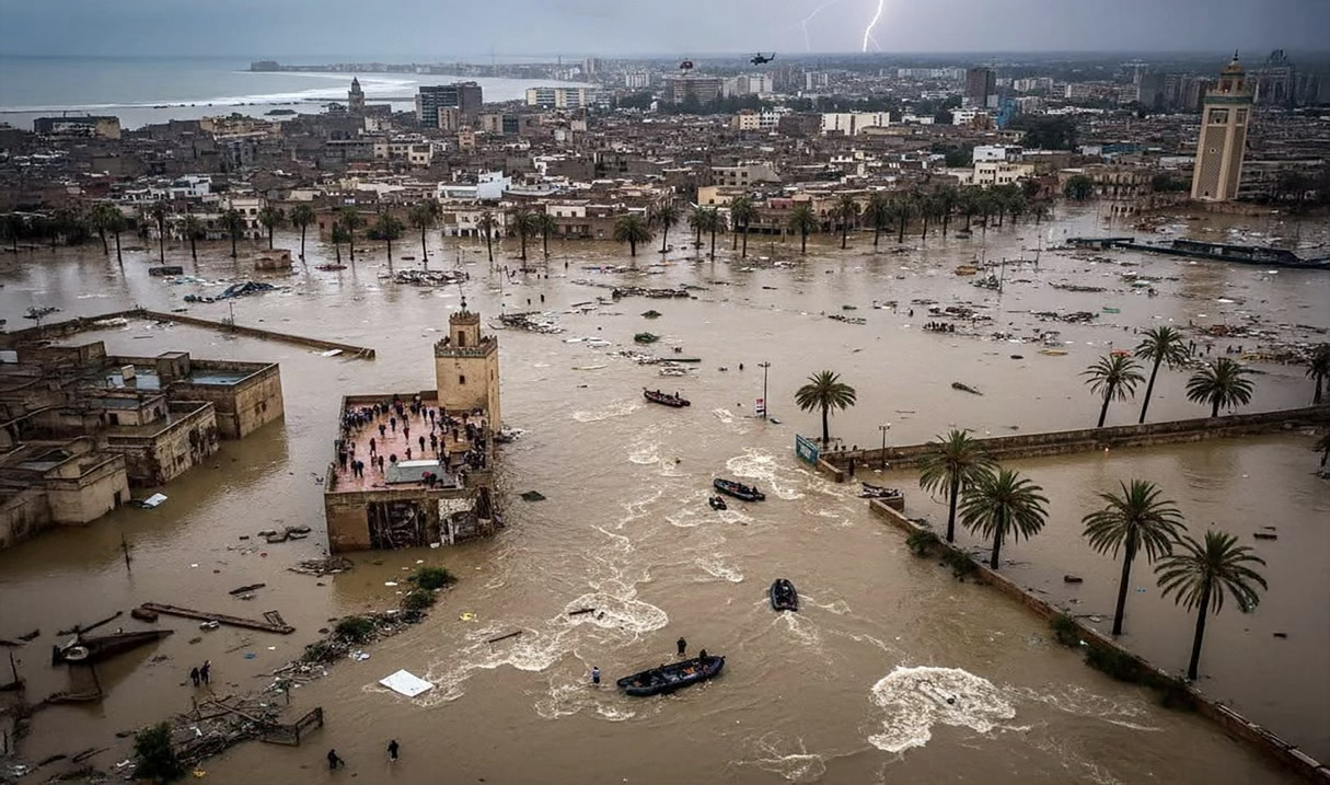 Vue aérienne d’une ville gravement touchée par des inondations après de fortes pluies, avec des rues submergées, des bâtiments entourés d’eau et des équipes de secours en intervention.Inondations majeures dans une ville côtière, mettant en lumière les défis de l’adaptation au changement climatique et de la gestion des risques de catastrophes.