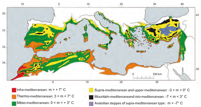 Répartition schématique des grands types de végétation en région méditerranéenne, selon des critères phyto-écologiques et bioclimatiques, notamment les températures minimales moyennes du mois (m) le plus froid de l'année (voir Médail, 2008). Source : Changement climatique en Méditerranée par Stéphanie Thiébault et Jean-Paul Moatti