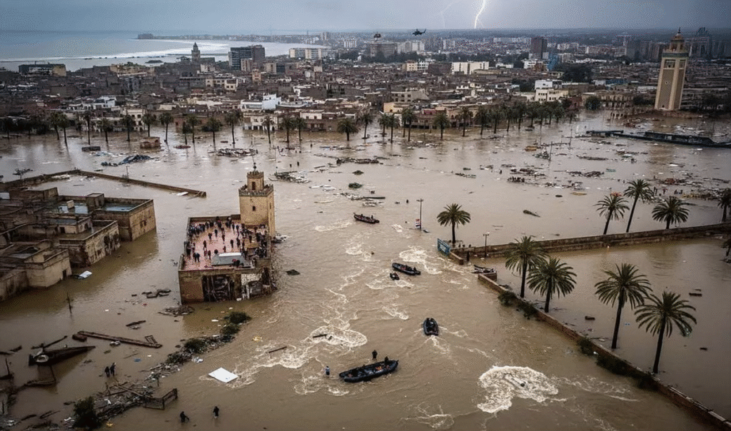 Vue aérienne d’une ville gravement touchée par des inondations après de fortes pluies, avec des rues submergées, des bâtiments entourés d’eau et des équipes de secours en intervention.Inondations majeures dans une ville côtière, mettant en lumière les défis de l’adaptation au changement climatique et de la gestion des risques de catastrophes.